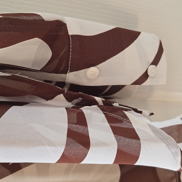 WORTHINGTON WOMEN'S BROWN & WHITE FRONT BUTTON LONG SLEEVE BLOUSE PETITE SMALL - Picture 4 of 16